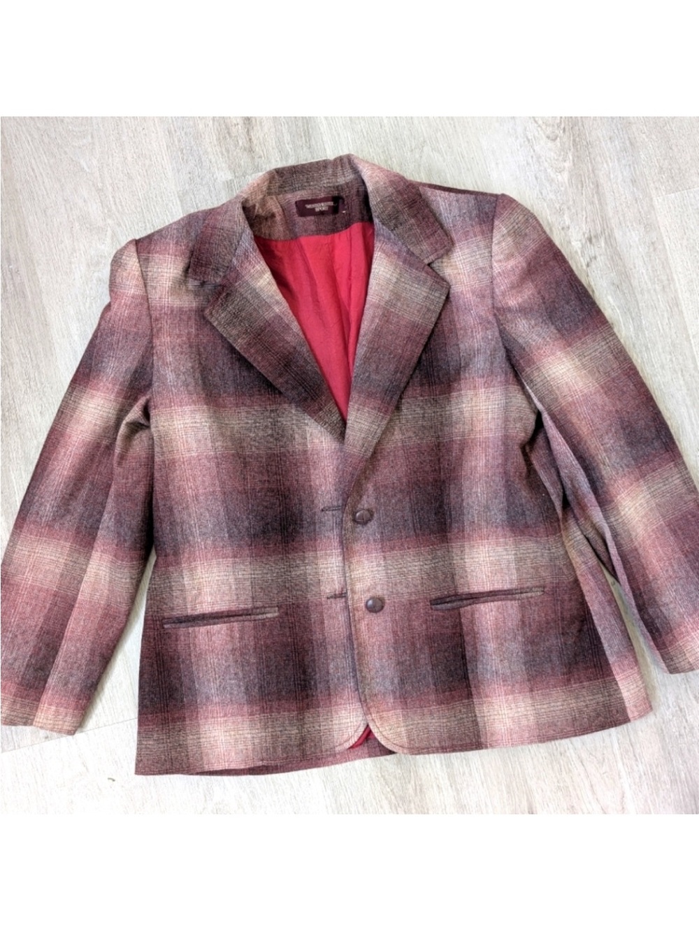 Wool Blend Plaid Blazer - Burgundy Multi